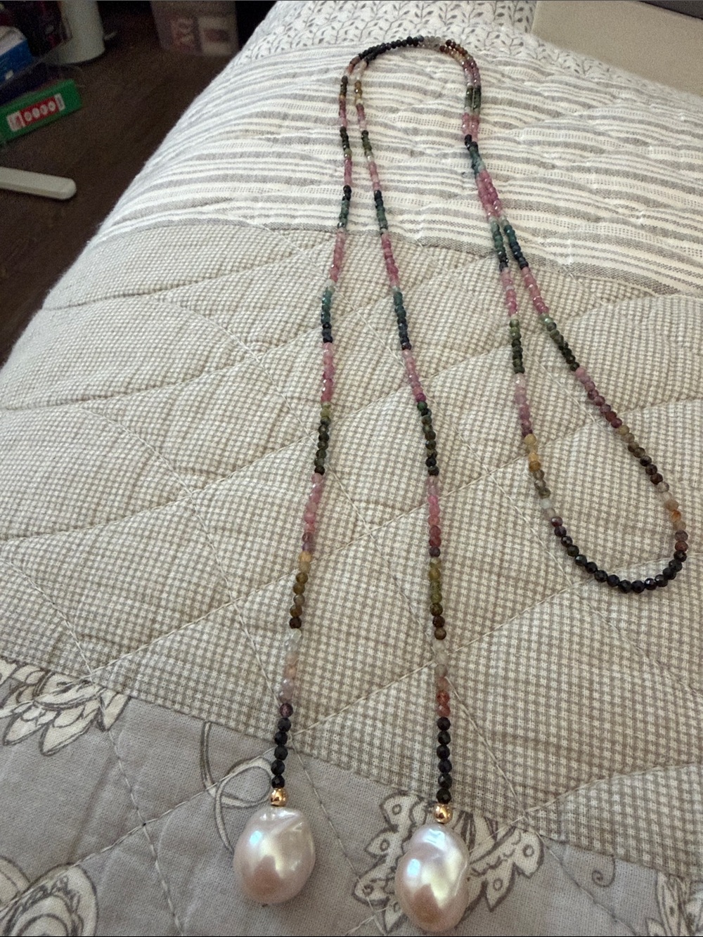 Multi-Color Beaded Lariat Necklace with Pearl Drops